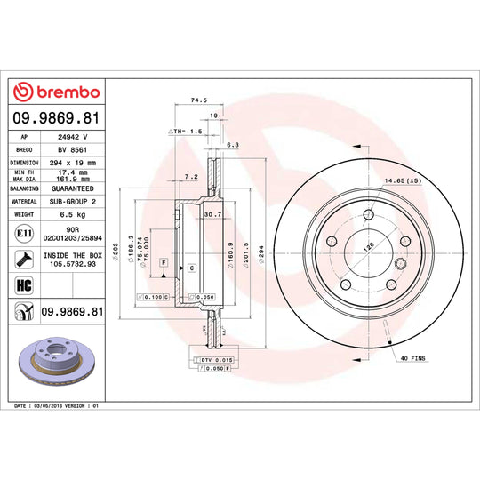 09.9869.81 Brembo Premium UV Coated Rear Brake Rotor Brembo Brake Canada