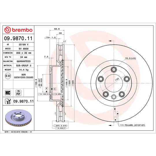 09.9870.11 Brembo Premium Coated Vented Brake Rotor Brembo Brake Canada