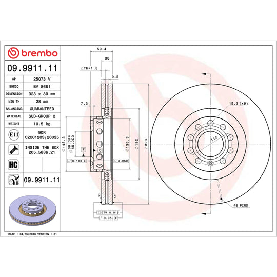09.9911.11 Brembo Premium Coated Vented Brake Rotor Brembo Brake Canada