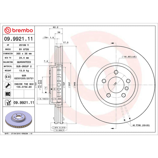 09.9921.11 Brembo Premium Coated Vented Brake Rotor Brembo Brake Canada