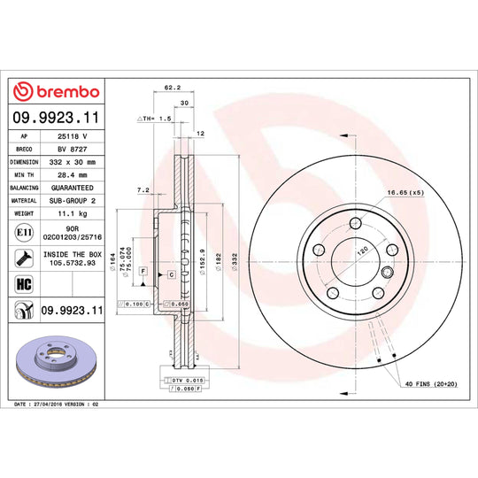 09.9923.11 Brembo Premium Coated Vented Brake Rotor Brembo Brake Canada