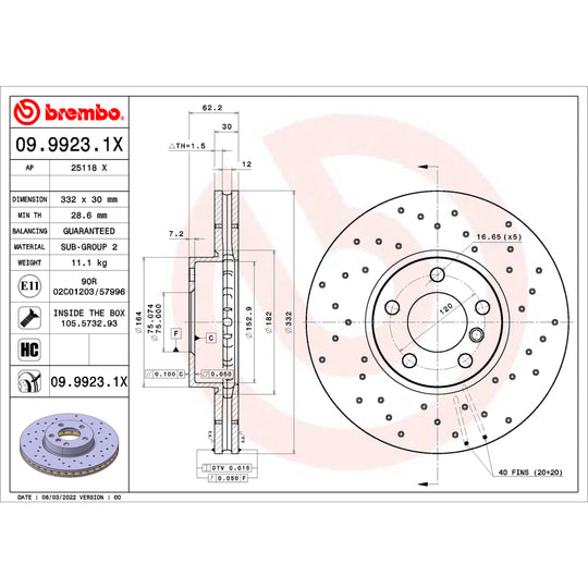 09.9923.1X Brembo Premium UV Coated XTRA Cross Drilled Brake Rotor Brembo Brake Canada