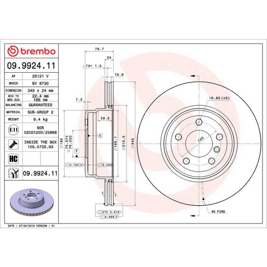 09.9924.11 Brembo Premium Coated Vented Brake Rotor Brembo Brake Canada