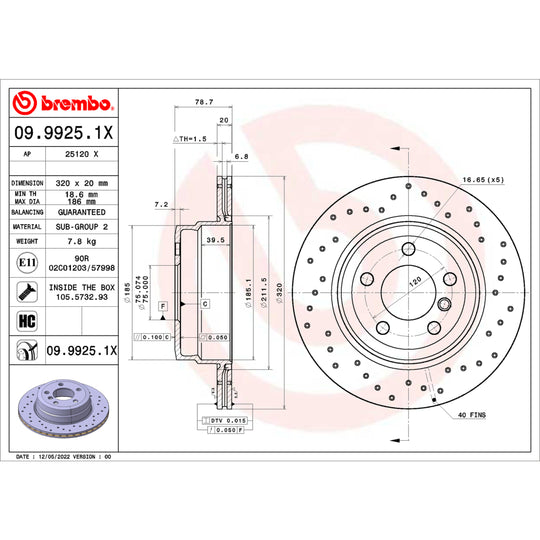 09.9925.1X Brembo Premium UV Coated XTRA Cross Drilled Brake Rotor Brembo Brake Canada