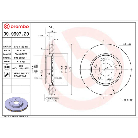09.9997.20 Brembo Premium Vented Brake Rotor Brembo Brake Canada