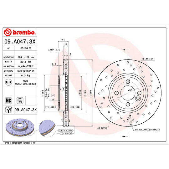 09.A047.3X Brembo Premium UV Coated XTRA Cross Drilled Brake Rotor Brembo Brake Canada