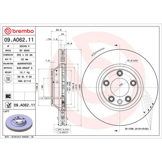 09.A062.11 Brembo Premium Coated Vented Brake Rotor Brembo Brake Canada