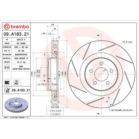 09.A183.21 Brembo Premium Coated Vented Brake Rotor Brembo Brake Canada