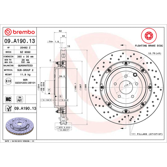 09.A190.13 Brembo Premium Floating Two Piece UV Coated Vented Drilled And Slotted Brake Rotor Brembo Brake Canada