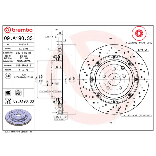 09.A190.33 Brembo Premium Floating Two Piece UV Coated Vented Drilled And Slotted Brake Rotor Brembo Brake Canada