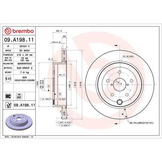 09.A198.11 Brembo Premium Coated Vented Brake Rotor Brembo Brake Canada