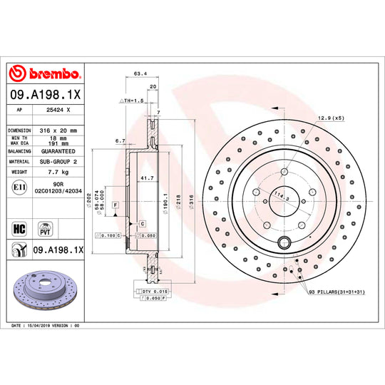 09.A198.1X Brembo Premium UV Coated XTRA Cross Drilled Brake Rotor Brembo Brake Canada