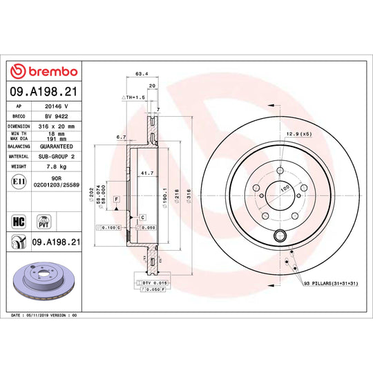 09.A198.21 Brembo Premium Coated Vented Brake Rotor Brembo Brake Canada