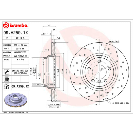 09.A259.1X Brembo Premium UV Coated XTRA Cross Drilled Brake Rotor Brembo Brake Canada