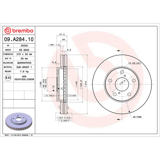 09.A284.10 Brembo Premium Vented Brake Rotor Brembo Brake Canada