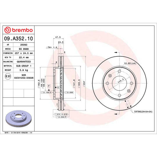 09.A352.10 Brembo Premium Vented Brake Rotor Brembo Brake Canada
