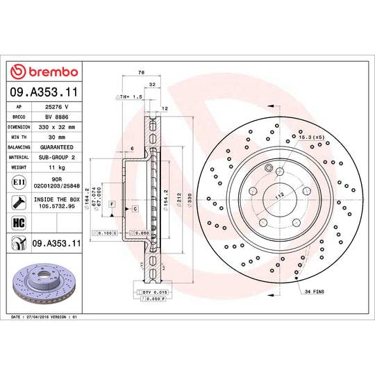 09.A353.11 Brembo Premium Coated Vented Brake Rotor Brembo Brake Canada