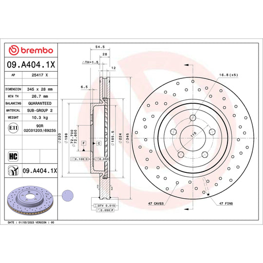 09.A404.1X Brembo Premium UV Coated XTRA Cross Drilled Brake Rotor Brembo Brake Canada