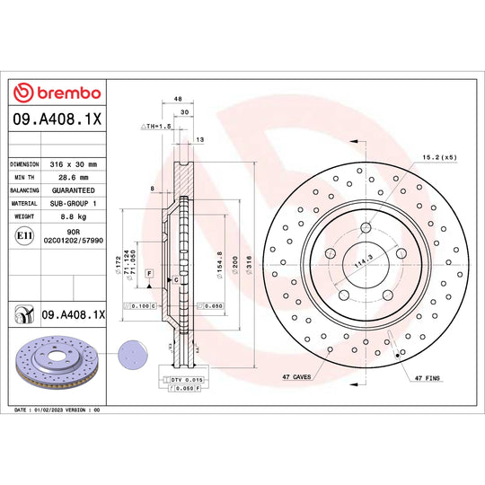 09.A408.1X Brembo Premium UV Coated XTRA Cross Drilled Brake Rotor Brembo Brake Canada
