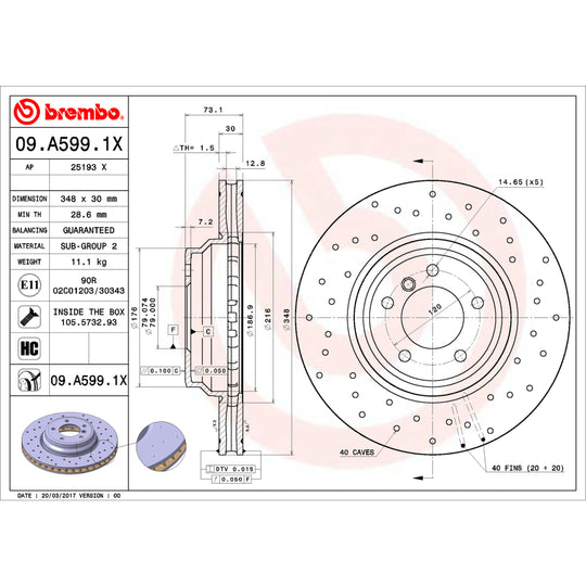 09.A599.1X Brembo Premium UV Coated XTRA Cross Drilled Brake Rotor Brembo Brake Canada