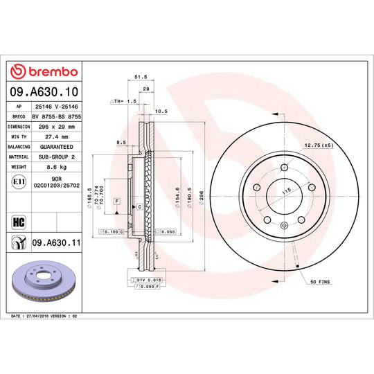 09.A630.10 Brembo Premium Vented Brake Rotor Brembo Brake Canada