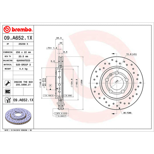 09.A652.1X Brembo Premium UV Coated XTRA Cross Drilled Brake Rotor Brembo Brake Canada