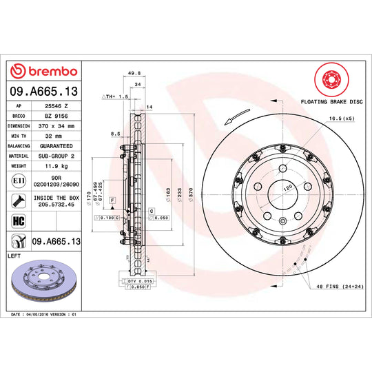 09.A665.13 Brembo Premium Floating Two Piece UV Coated Vented Drilled And Slotted Brake Rotor Brembo Brake Canada
