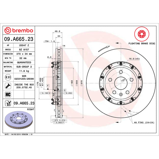 09.A665.23 Brembo Premium Floating Two Piece UV Coated Vented Drilled And Slotted Brake Rotor Brembo Brake Canada