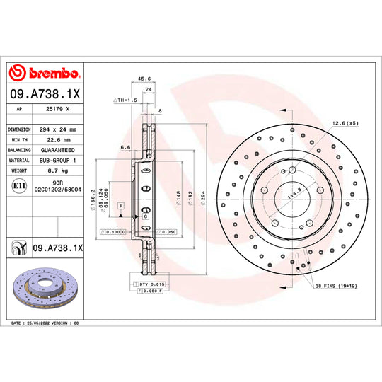 09.A738.1X Brembo Premium UV Coated XTRA Cross Drilled Brake Rotor Brembo Brake Canada