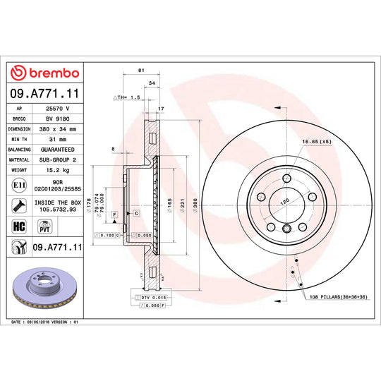 09.A771.11 Brembo Premium Coated Vented Brake Rotor Brembo Brake Canada