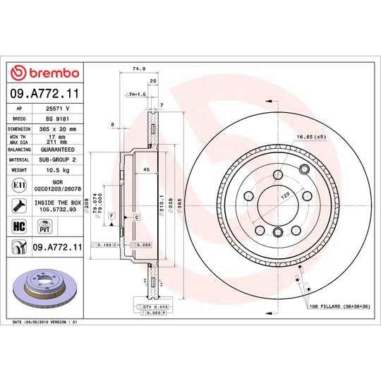 09.A772.11 Brembo Premium Coated Vented Brake Rotor Brembo Brake Canada