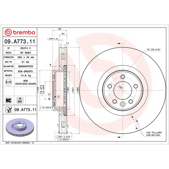 09.A773.11 Brembo Premium Coated Vented Brake Rotor Brembo Brake Canada