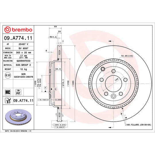 09.A774.11 Brembo Premium Coated Vented Brake Rotor Brembo Brake Canada