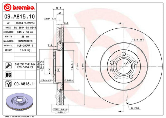 09.A815.11 Brembo UV Coated Disc Brake Rotor Brembo Brakes Canada
