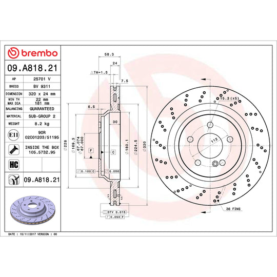 09.A818.21 Brembo Premium Coated Vented Brake Rotor Brembo Brake Canada