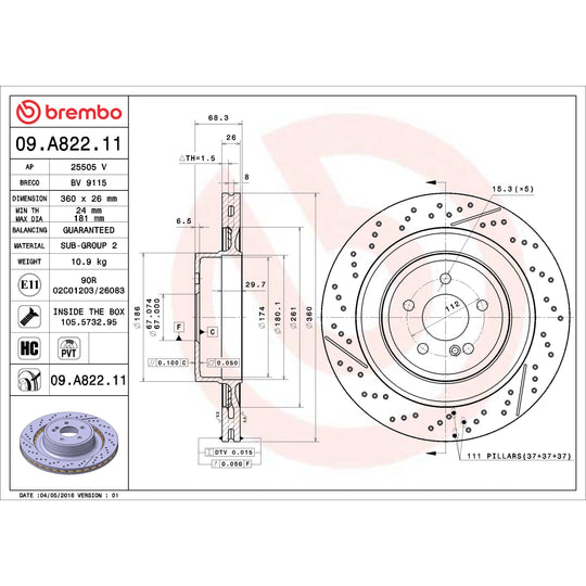 09.A822.11 Brembo Premium Coated Vented Brake Rotor Brembo Brake Canada
