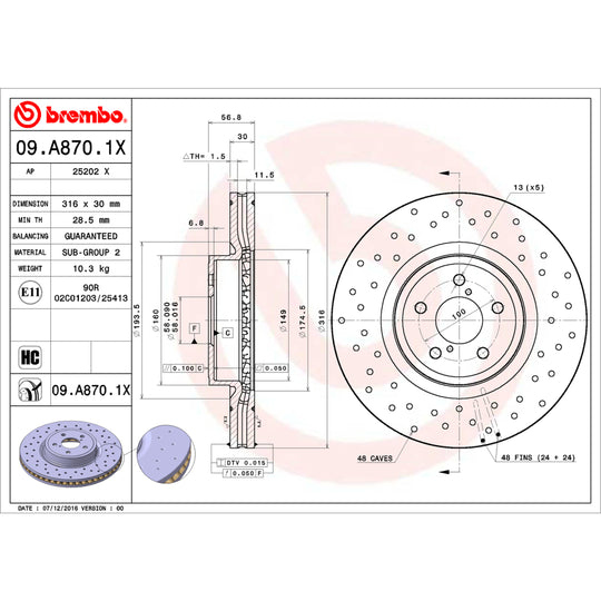09.A870.1X Brembo Premium UV Coated XTRA Cross Drilled Brake Rotor Brembo Brake Canada