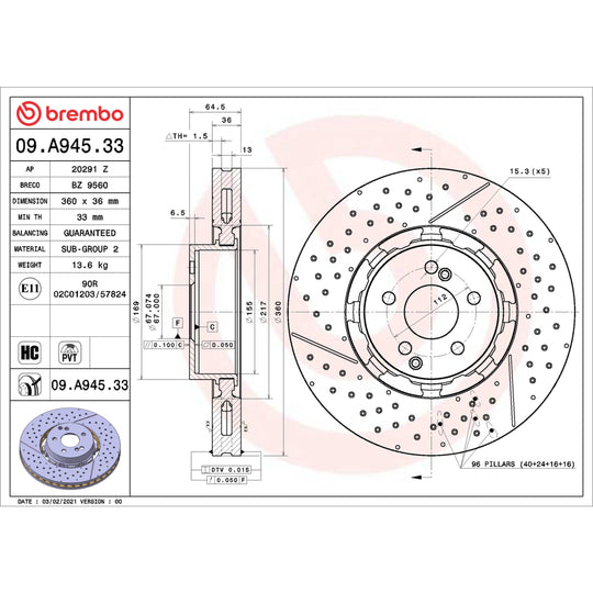 09.A945.33 Brembo Premium Dual Cast Vented Drilled/Grooved UV Coated Brake Rotor Brembo Brake Canada