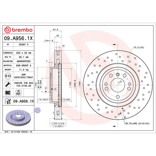 09.A956.1X Brembo Premium UV Coated XTRA Cross Drilled Brake Rotor Brembo Brake Canada