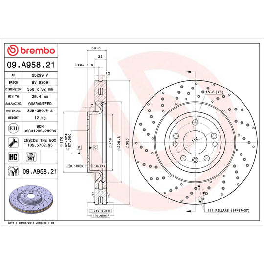 09.A958.21 Brembo Premium Coated Vented Brake Rotor Brembo Brake Canada