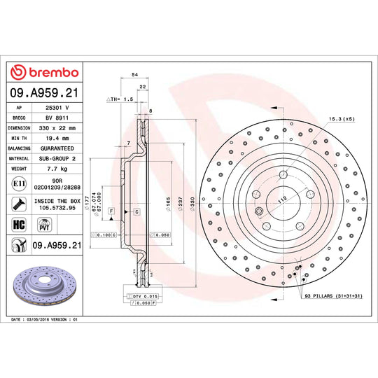 09.A959.21 Brembo Premium Coated Vented Brake Rotor Brembo Brake Canada