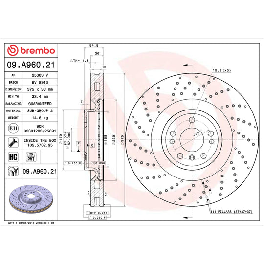 09.A960.21 Brembo Premium Coated Vented Brake Rotor Brembo Brake Canada