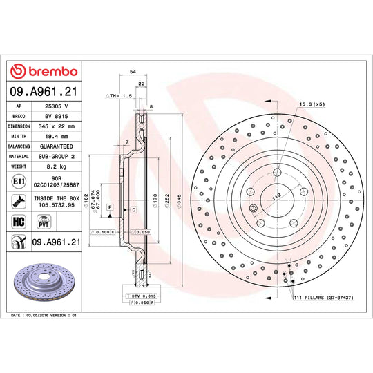 09.A961.21 Brembo Premium Coated Vented Brake Rotor Brembo Brake Canada