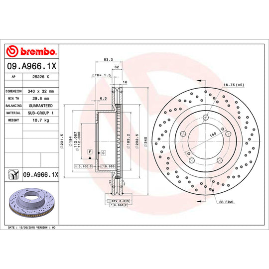 09.A966.1X Brembo Premium UV Coated XTRA Cross Drilled Brake Rotor Brembo Brake Canada