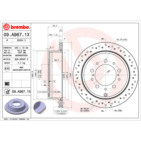 09.A967.1X Brembo Premium UV Coated XTRA Cross Drilled Brake Rotor Brembo Brake Canada
