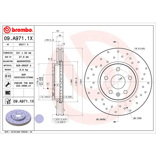 09.A971.1X Brembo Premium UV Coated XTRA Cross Drilled Brake Rotor Brembo Brake Canada