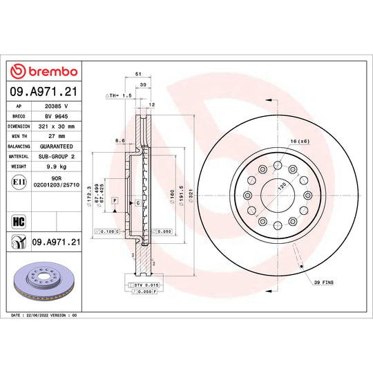 09.A971.21 Brembo UV Coated Solid Brake Rotor Brembo Brake Canada