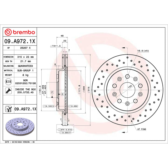 09.A972.1X Brembo Premium UV Coated XTRA Cross Drilled Brake Rotor Brembo Brake Canada