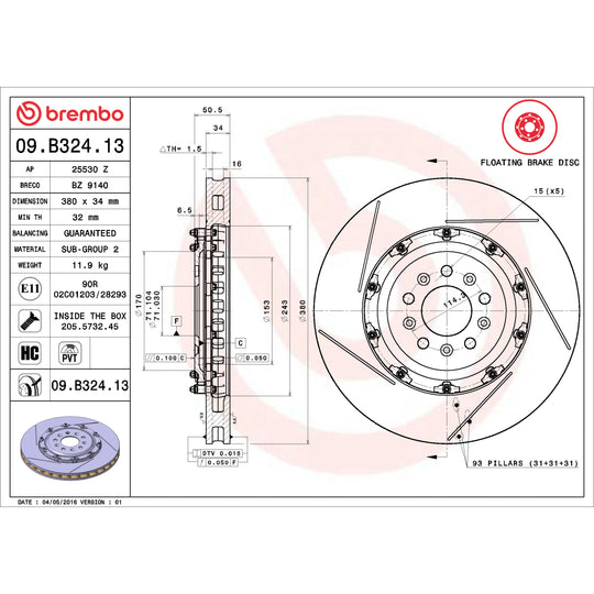 09.B324.13 Brembo Premium Floating Two Piece UV Coated Vented Drilled And Slotted Brake Rotor Brembo Brake Canada