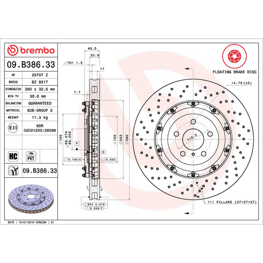 09.B386.33 Brembo Premium Floating Two Piece UV Coated Vented Drilled And Slotted Brake Rotor Brembo Brake Canada